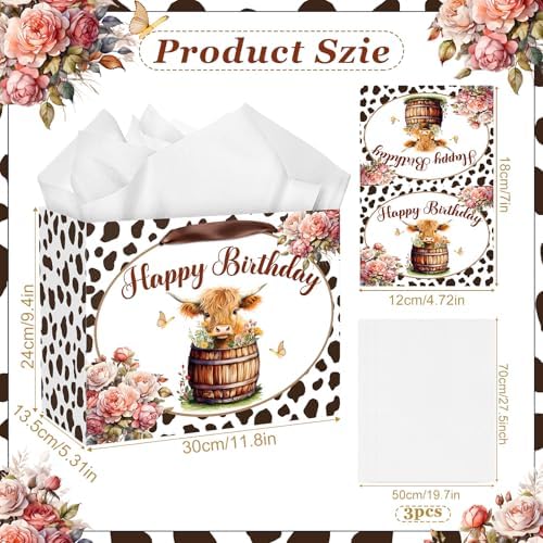 Bolsa de Regalo Grande de Vaca Highland para Cumpleaños con Asas, Papel de Seda y Tarjeta, Decoración para Fiesta de Bebé, Navidad y Favor de Fiesta - imagen 7