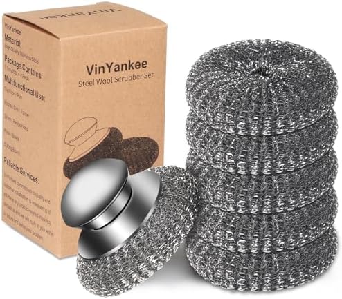 Set de 6 Estropajos de Acero Inoxidable con Almohadillas de Repuesto, Estropajo con Mango para Limpiar Suciedad Difícil en Hierro Fundido, Ollas, - imagen 1
