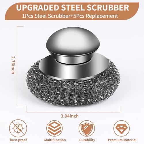 Set de 6 Estropajos de Acero Inoxidable con Almohadillas de Repuesto, Estropajo con Mango para Limpiar Suciedad Difícil en Hierro Fundido, Ollas, - imagen 3