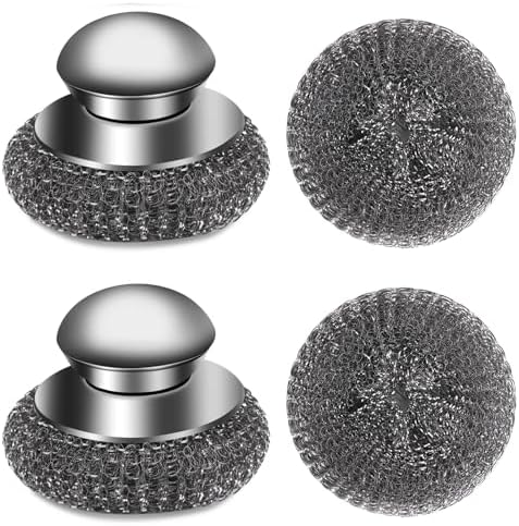Set de 4 Estropajos de Acero Inoxidable con 2 Esponjas de Repuesto, Estropajo con Mango para Limpiar Suciedad Difícil en Hierro Fundido, Ollas, - imagen 1