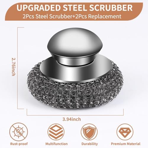 Set de 4 Estropajos de Acero Inoxidable con 2 Esponjas de Repuesto, Estropajo con Mango para Limpiar Suciedad Difícil en Hierro Fundido, Ollas, - imagen 4