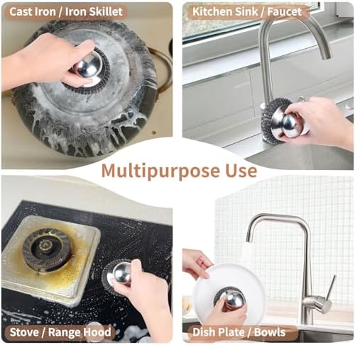 Set de 4 Estropajos de Acero Inoxidable con 2 Esponjas de Repuesto, Estropajo con Mango para Limpiar Suciedad Difícil en Hierro Fundido, Ollas, - imagen 5