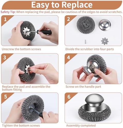 Set de 4 Estropajos de Acero Inoxidable con 2 Esponjas de Repuesto, Estropajo con Mango para Limpiar Suciedad Difícil en Hierro Fundido, Ollas, - imagen 6