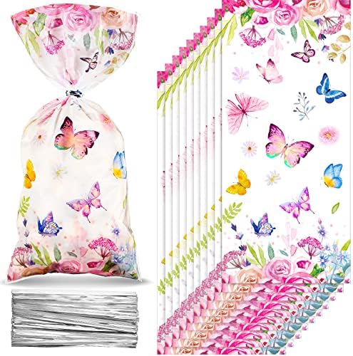 Bolsitas de Celofán Pajean de 100 Piezas con Mariposas y Flores Acuareladas para Fiestas de Cumpleaños, Baby Shower y Verano - imagen 1