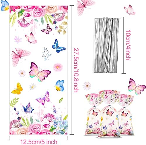 Bolsitas de Celofán Pajean de 100 Piezas con Mariposas y Flores Acuareladas para Fiestas de Cumpleaños, Baby Shower y Verano - imagen 2