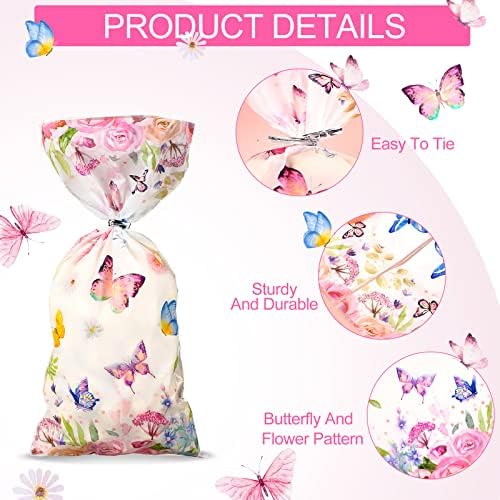 Bolsitas de Celofán Pajean de 100 Piezas con Mariposas y Flores Acuareladas para Fiestas de Cumpleaños, Baby Shower y Verano - imagen 3