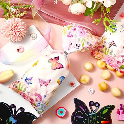 Bolsitas de Celofán Pajean de 100 Piezas con Mariposas y Flores Acuareladas para Fiestas de Cumpleaños, Baby Shower y Verano - imagen 4