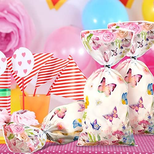 Bolsitas de Celofán Pajean de 100 Piezas con Mariposas y Flores Acuareladas para Fiestas de Cumpleaños, Baby Shower y Verano - imagen 5