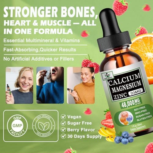 Gotas de Calcio, Magnesio y Zinc, 1200mg de Calcio con Vitamina D3 K2, Suplemento Líquido para Huesos, Dientes y Salud Cardiovascular, Sin Gluten, No - imagen 3