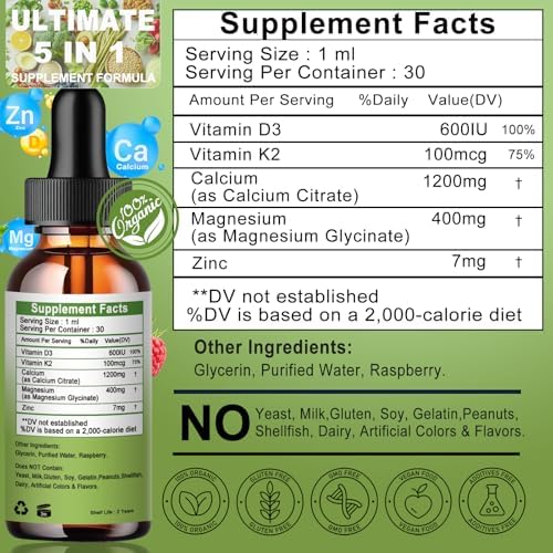 Gotas de Calcio, Magnesio y Zinc, 1200mg de Calcio con Vitamina D3 K2, Suplemento Líquido para Huesos, Dientes y Salud Cardiovascular, Sin Gluten, No - imagen 7