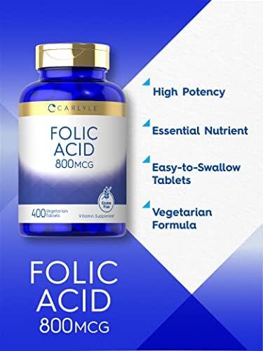 Tabletas de Ácido Fólico Carlyle 800 Mcg | 400 Unidades | Suplemento Vegetariano, No Transgénico y Libre de Gluten - imagen 3