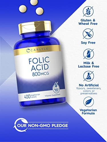 Tabletas de Ácido Fólico Carlyle 800 Mcg | 400 Unidades | Suplemento Vegetariano, No Transgénico y Libre de Gluten - imagen 4