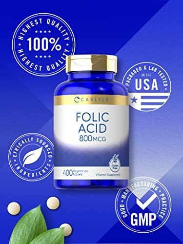 Tabletas de Ácido Fólico Carlyle 800 Mcg | 400 Unidades | Suplemento Vegetariano, No Transgénico y Libre de Gluten - imagen 5
