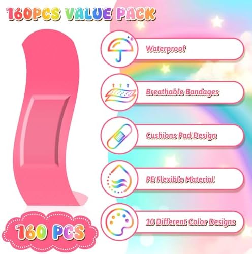 160 Piezas de Curitas Coloridas para Niños, Vendajes Adhesivos Flexibles Neón Impermeables para Cortes y Raspones, 2.83'' x 0.75'' - imagen 4