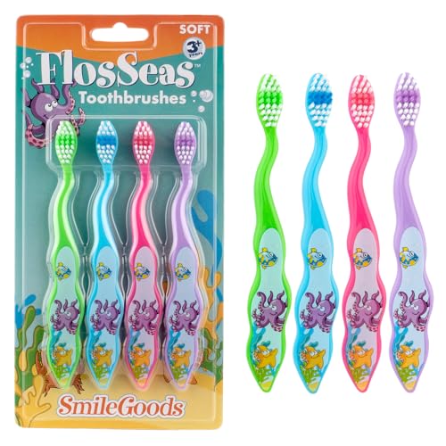 Cepillos de Dientes SmileGoods FlosSeas para Niños, Set de 4 con Diseño de Animales Marinos, Cerdas Suaves, Para Niños de 3 Años en Adelante - imagen 4