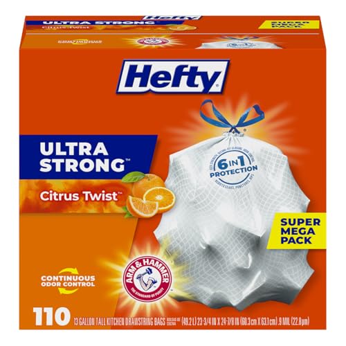 Bolsas de Basura Hefty Ultra Strong de 13 Galones, con Cierre de Cuerda, Control de Olores, Aroma a Cítricos, 110 Piezas, Color Blanco - imagen 1