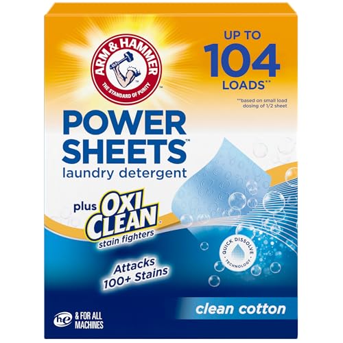 ARM & HAMMER Power Sheets Detergente para Ropa con OxiClean, Aroma a Algodón Limpio, 52 Hojas, 104 Cargas Medianas - imagen 5