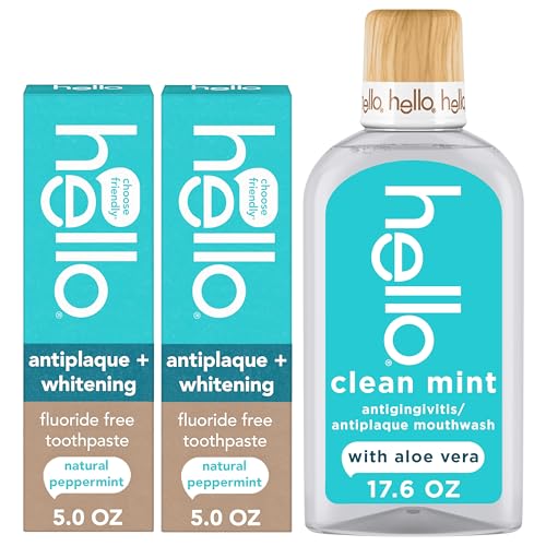 Pasta de Dientes Antiplaca y Blanqueadora Hello Sin Flúor (Paquete de 2, Tubos de 5 Oz) y Enjuague Bucal Sin Alcohol con Menta Limpia (Botella de - imagen 2