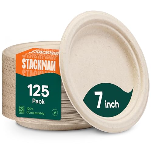 Platos de Papel 100% Compostables, Desechables de 7 Pulgadas, Paquete de 125, Platos Pequeños de Bagazo Naturales, Ecológicos y Biodegradables - (Sin - imagen 2