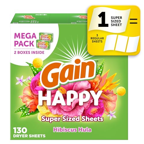 Hojas de Secado Gain Super Size, Suavizante de Ropa, Fragancia Happy, 130 Piezas - imagen 1