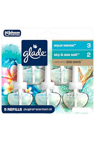 Recargas de Ambientador Glade PlugIns, Olas de Aqua y Sal del Cielo y el Mar, Aceites Esenciales para el Hogar y Baño, 0.67 Fl Oz, Paquete de 5 - imagen 2