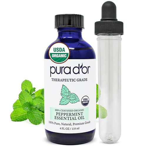 Aceite Esencial de Menta Orgánico PURA D'OR (4oz con Gotero de Vidrio) 100% Puro y Natural - Terapéutico para Cabello, Cuerpo, Piel, Aromaterapia, - imagen 1