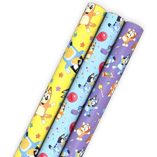 Papel de Regalo Hallmark Bluey para Niños (3 Rollos: 60 Pies Cuadrados Totales) En Colores Púrpura, Azul y Amarillo para Cumpleaños, Navidad y Día de - imagen 2