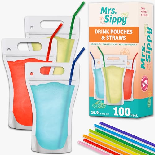 Bolsas de Bebida Transparentes Mrs. Sippy para Adultos - 100 Pouches Reutilizables de Plástico con Popotes - 17 oz para Jugos, Batidos y Bebidas - imagen 4