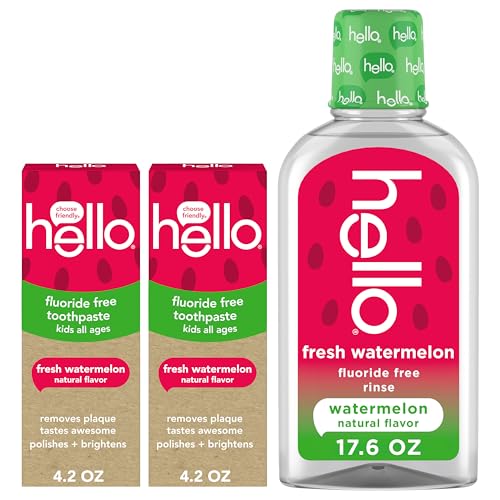 Paquete de Pasta de Dientes y Enjuague Bucal para Niños Hello Fresh Sabor Sandía, Sin Flúor y Sin SLS, Refresca el Aliento y Sabe Delicioso - imagen 1
