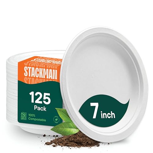 Platos de Papel Compostables Stack Man 7 Pulgadas (125 Piezas) - Platos Desechables Ecológicos de Bagazo para Postres, Biodegradables y Sin PFAS - imagen 5