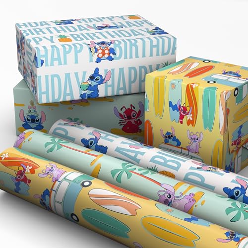 Papel de Regalo Hallmark Disney Stitch Mini Rollos, 3-Pack (Tablas de Surf, Palmeras, Piñas) para Fiestas Infantiles, Navidad y Celebraciones - 45 - imagen 1