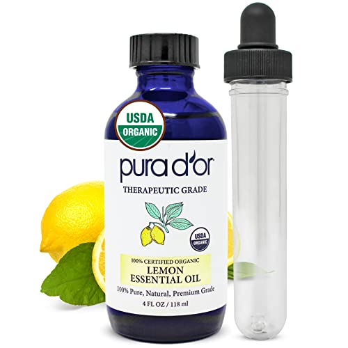 Aceite Esencial de Limón Orgánico PURA D'OR (4oz con gotero de vidrio) Certificado USDA 100% Puro y Natural, Ideal para Aromaterapia y Mejora del - imagen 1