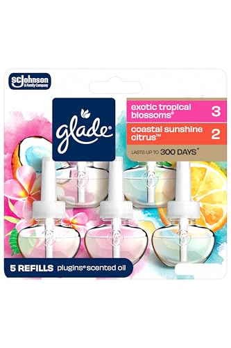 Recargas de Ambientador Glade PlugIns, Aromas Tropicales Exóticos y Cítricos de Costa, Aceites Esenciales para Hogar y Baño, 0.67 Fl Oz, Paquete de 5 - imagen 4