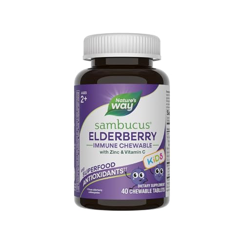 Sambucus Elderberry Nature's Way para Niños, 2 Años+, Soporte Inmunológico, Vitamina C, Zinc, Antioxidantes, 40 Tabletas Masticables, Libre de Gluten - imagen 1