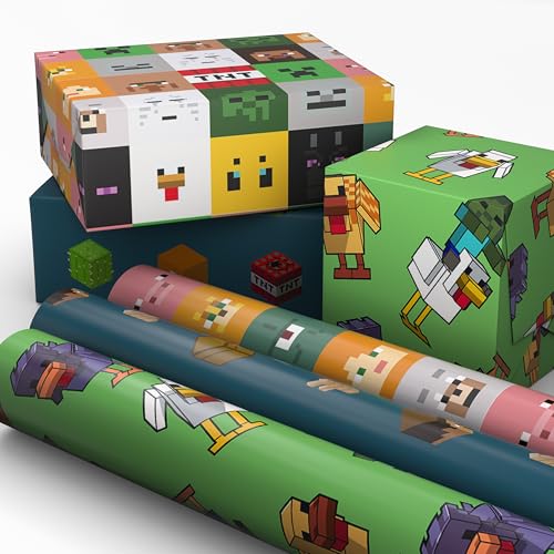 Papel de Regalo Hallmark de Minecraft en Mini Rollos, 3-Pack (Zombie, Pollo, TNT, Cerdo) para Cumpleaños, Graduaciones, Navidad y Fiestas de Niños - - imagen 2