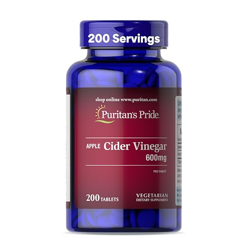 Vinagre de Sidra de Manzana Puritan's Pride 600 mg, Suplemento Dietético Vegetariano, Suministro para 6 Meses, 200 Tabletas (Embalaje Puede Variar) - imagen 1