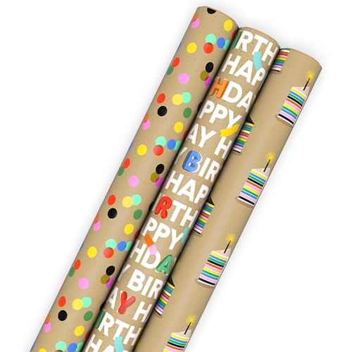 Papel de Regalo de Cumpleaños Hallmark Kraft (3 Rollos: 60 Pies Cuadrados Totales) con Puntos de Colores, Letras de Feliz Cumpleaños y Rebanadas de - imagen 1