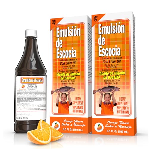 Emulsión de aceite de hígado de bacalao Escocia con vitaminas A, D, E y B1 - Suplemento dietético sabor naranja - Omega 3 - 6.5 oz (Paquete de 2) - imagen 1