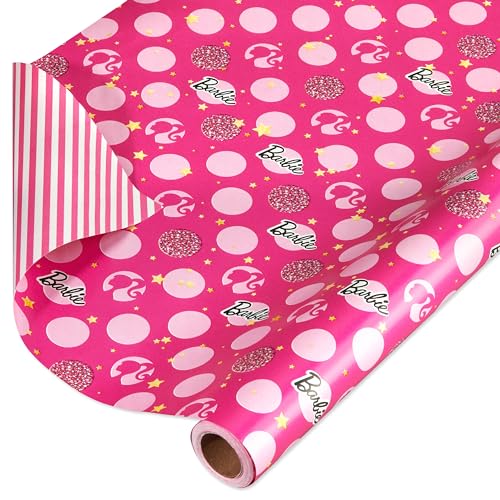 Papel de Regalo Reversible Barbie de American Greetings de 75 pies cuadrados para Cumpleaños y Ocasiones, Estrellas, Lunares y Rayas (1 Rollo, 30 in. - imagen 3