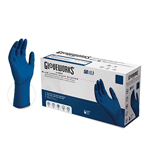 Guantes de Látex Médicos GLOVEWORKS HD Azules, Caja de 50, 13 Mil, Tamaño Mediano, 12 Pulgadas, Sin Polvo, Texturizados, Desechables, No Estériles, - imagen 2