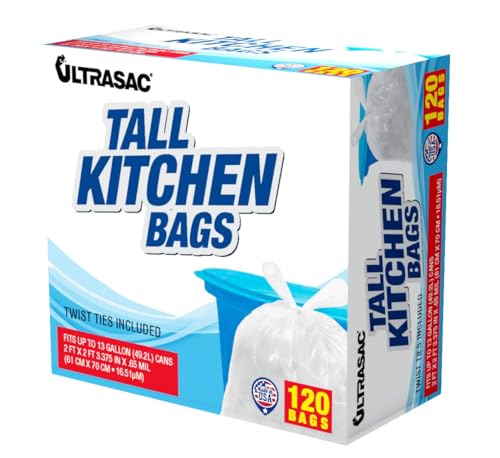 Bolsas de Cocina Ultrasac de 13 Galones 0.6 MIL con Cierres de Torniquete - 24 x 27 - Paquete de 120 - Para Hogar, Cocina y Oficina, Color Blanco - imagen 3
