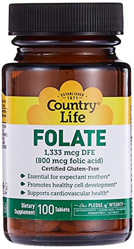 Country Life Ácido Fólico 800 mcg, Apoya el Desarrollo Celular y la Salud Cardiaca, Soporte Prenatal para Mujeres, 100 Tabletas, Sin Gluten, - imagen 2