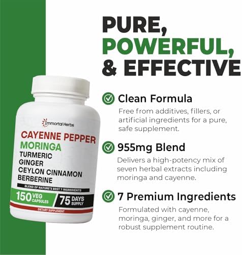 Cápsulas de Pimiento Cayena, Moringa, Cúrcuma y Jengibre Immortal Herbs, 150 Píldoras, Extra Fuerte, Sin OGM y Sin Gluten, Berberina HCL y Extracto - imagen 3