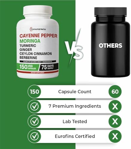 Cápsulas de Pimiento Cayena, Moringa, Cúrcuma y Jengibre Immortal Herbs, 150 Píldoras, Extra Fuerte, Sin OGM y Sin Gluten, Berberina HCL y Extracto - imagen 4