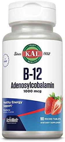 KAL Vitamina B12 Adenosilcobalamina 1000 mcg - Suplemento de Energía para Hombres y Mujeres, Sabor Fresa - 90 Tabletas Micro Activas - imagen 1