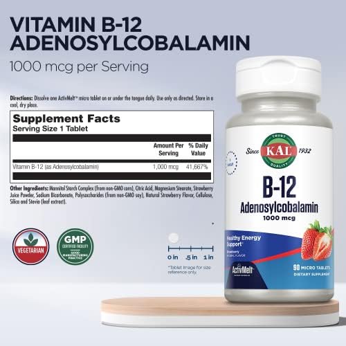 KAL Vitamina B12 Adenosilcobalamina 1000 mcg - Suplemento de Energía para Hombres y Mujeres, Sabor Fresa - 90 Tabletas Micro Activas - imagen 2