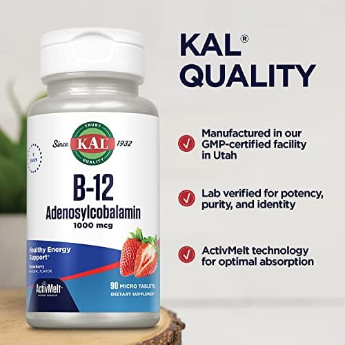 KAL Vitamina B12 Adenosilcobalamina 1000 mcg - Suplemento de Energía para Hombres y Mujeres, Sabor Fresa - 90 Tabletas Micro Activas - imagen 5