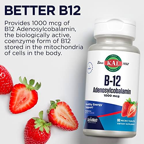 KAL Vitamina B12 Adenosilcobalamina 1000 mcg - Suplemento de Energía para Hombres y Mujeres, Sabor Fresa - 90 Tabletas Micro Activas - imagen 6