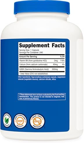 Nutricost GABA (Ácido Gamma Aminobutírico) + Vitamina B6, 500mg por Porción, 240 Cápsulas - imagen 5