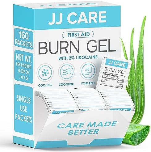 Gel para Quemaduras JJ CARE (Paquete de 160), Gel Calmante para Quemaduras Menores, Paquetes Individuales de ros Auxilios con Lidocaína y Aloe Vera - imagen 1